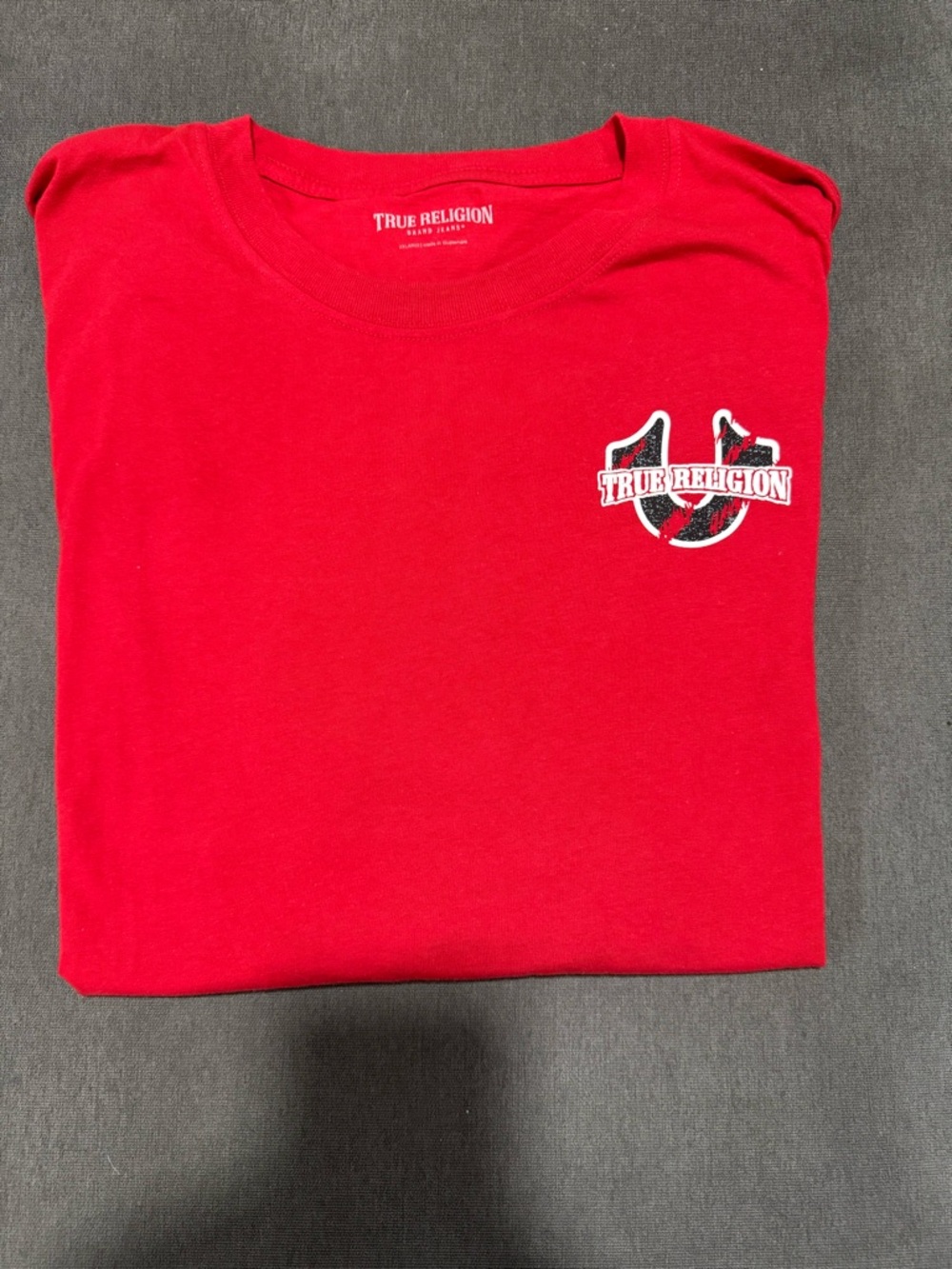 True Religion Red Crewneck T-Shirt with graphics on back